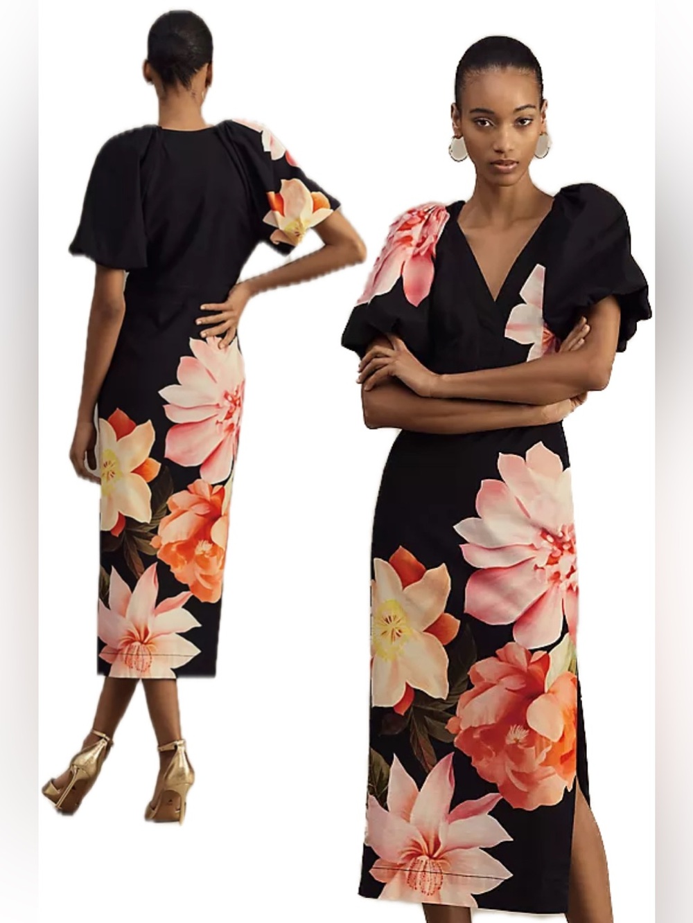 NWT Anthropologie BHLDN V Neck Puff Sleeve Floral Midi Dress with Sublte Stretch